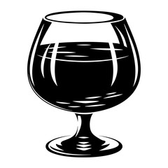 Monochromatic illustration of a stemmed wine glass filled with a dark liquid