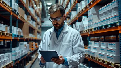 Focused pharmacist in white coat and glasses using tablet in stocked drug warehouse filled with boxes - Powered by Adobe
