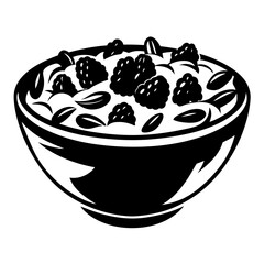Black and white illustration of a bowl of blackberry cereal breakfast