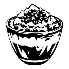 Black and White Illustration of Dessert Bowl with Berries and Creamy Topping