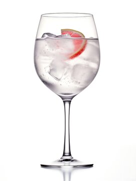 A glass of gin tonic with a slice of pamplemuse in it, isolated on white background