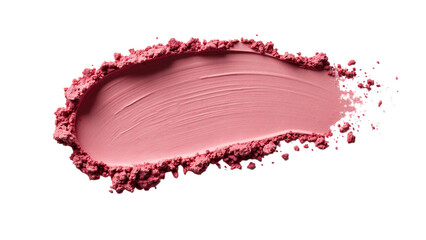 A smear of dusty rose makeup with a transparent background, showing a textured, swirled pattern against a dark backdrop.  The edges are rough and crumbly, with loose powder scatter