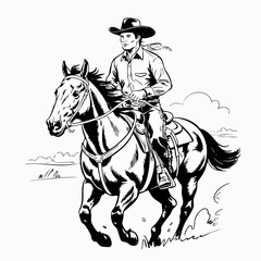 Fototapeta premium Dynamic Black and White Cowboy Riding Galloping Horse Line Art – Western Vintage Style Poster Illustration with Bold Shading and Powerful Movement