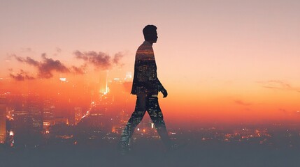 Obraz premium Businessman Walking at Sunset in a Double Exposure Concept