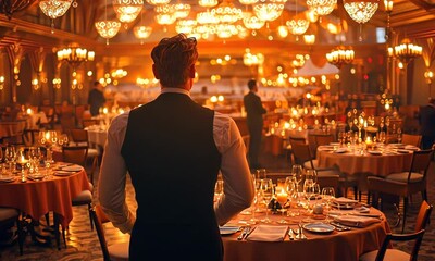 Elegant restaurant interior with a well-dressed waiter overseeing candlelit tables and guests