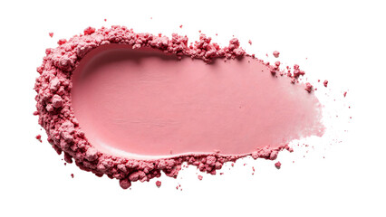 Pink cosmetic powder swatch with a transparent background.  The textured, chunky powder is spread in a smear, creating a unique shape with scattered particles.