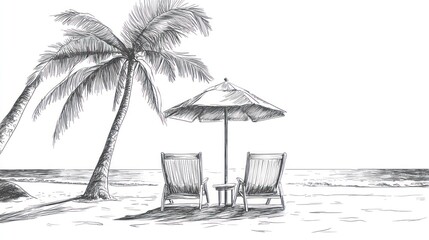Tropical beach chairs under umbrella sketch