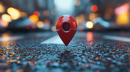 Red Location Pin on Wet Asphalt City Street at Night