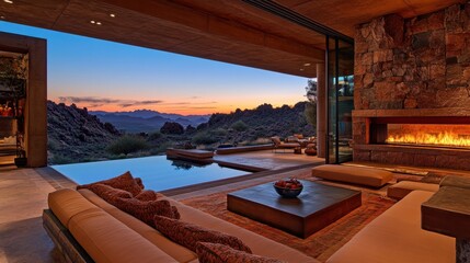 Obraz premium Indoor-outdoor living space with glass folding doors opening to a sleek patio
