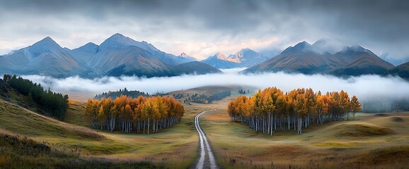 Scenic autumn landscape with road, fall trees, mountains, and fog