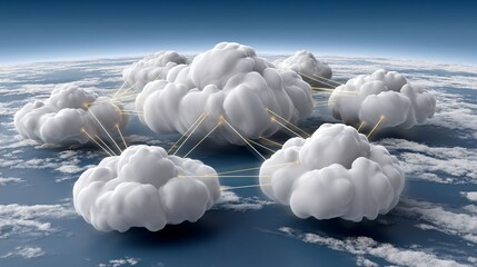 A dynamic overhead of a control hub with cloud link screens and grid alignments glowing in soft blue light