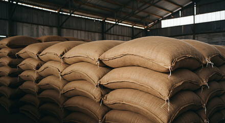 Obraz premium Stacks of Burlap Sacks Filled with Coffee Beans in a Warehouse