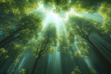 Obraz premium Sunlight Filtering Through Lush Urban Canopy Nature Meets Cityscape Vibrant Greenery Environ