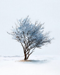 Fototapeta premium A tree is depicted in a painting with a snowy background