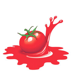 vibrant red tomato splashes into pool of tomato juice, creating dynamic and fresh visual. green stem adds contrast, enhancing lively and appetizing scene
