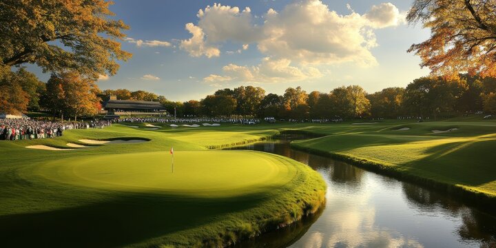Expansive golf course with spectators and a tranquil waterway.