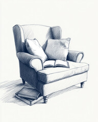 A chair with a book on it and two pillows