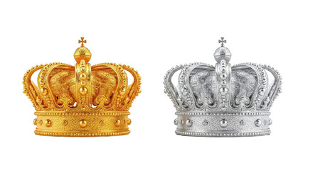 Two ornate crowns, one gold and one silver, are presented against a transparent background.  The crowns are detailed with intricate designs and embellishments.