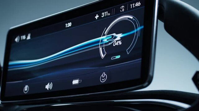 Close-Up of Regenerative Braking Display on Electric Vehicle Screen &mdash; Clean Energy Efficiency and Smart Driving Technology Concept