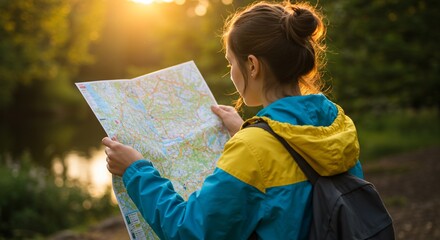 Female hiker consults paper map amidst green foliage on sunny day.