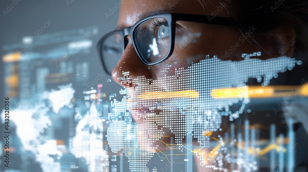 Poster data analyst with glasses analyzing layered graphs and data visualizations