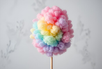 Colorful Rainbow Cotton Candy Isolated on White for Sweet Treat Concepts: Fluffy Carnival Dessert on a Wooden Stick Imagery: Cotton, Candy, Rainbow, Isolated, White, Sweet, Treat, Carnival, Dessert.