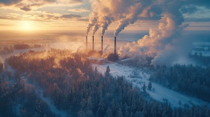 Fototapeta premium Winter Sunset Over Industrial Pollution: An Aerial View of Environmental Impact