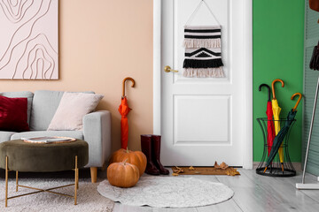 Interior of stylish hallway with door, sofa and umbrellas