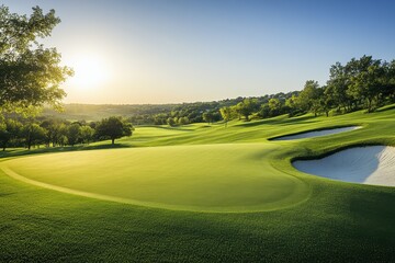 Expansive golf course at sunrise.