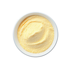 white bowl filled with fine yellow cornmeal is placed against plain background, showcasing its texture and color. cornmeal appears smooth and ready for cooking or baking
