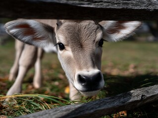 Curious calf peering through a rustic fence