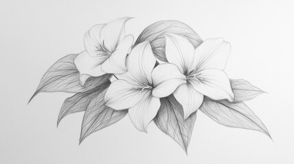 Obraz premium Pencil sketch of lilies, leaves, white background; floral design