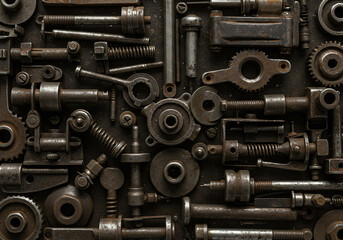 Industrial Mechanical Tools and Metal Components Arranged on Dark Worn Surface for Engineering and Repair Work