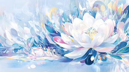 Fototapeta premium Abstract Blue and White Floral Painting, Dreamy Lotus Blossom Art