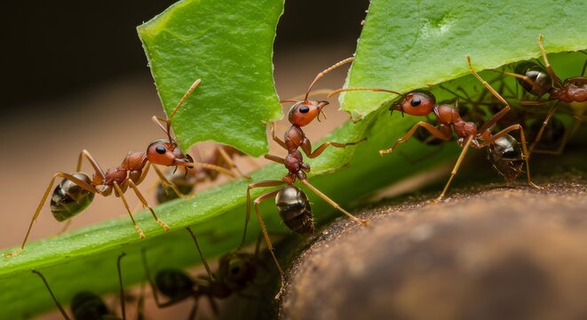 Leafcutter ants carrying leaf teamwork insect nature wildlife macro photo
