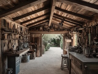Rustic workshop interior with tools and equipment against wooden walls with open doorway to garden