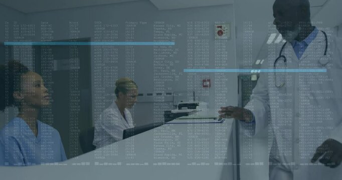 Medical doctor reviewing patient folder at counter, with floating error codes overlaying scene