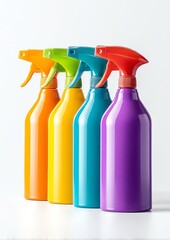 stacked plastic spray bottles in rainbow colors, modern household cleaning products concept, glossy finish, white studio background
