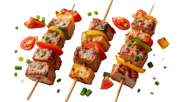 Grilled meat cubes and vegetables on skewers with a transparent background, surrounded by diced tomatoes and green onions.