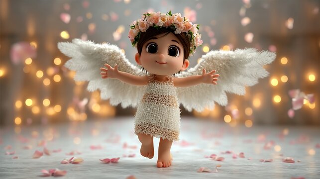 Cute angel girl with flower crown and wings - Powered by Adobe