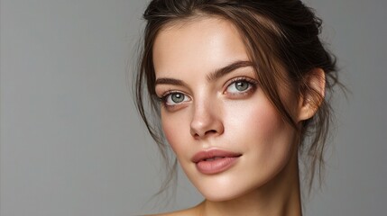 Naklejka premium Stunning Woman with Natural Makeup and Clear Skin on Neutral Background