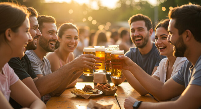 Happy friends toasting beer at sunset golden hour light blurred background outdoor gathering