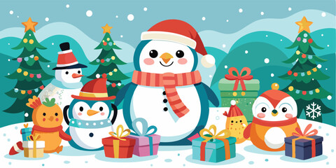 Festive winter gathering featuring cheerful snowmen and penguins surrounded by presents and trees under a snowy sky