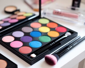Eye shadow palette and brushes create a vibrant makeup artist setup