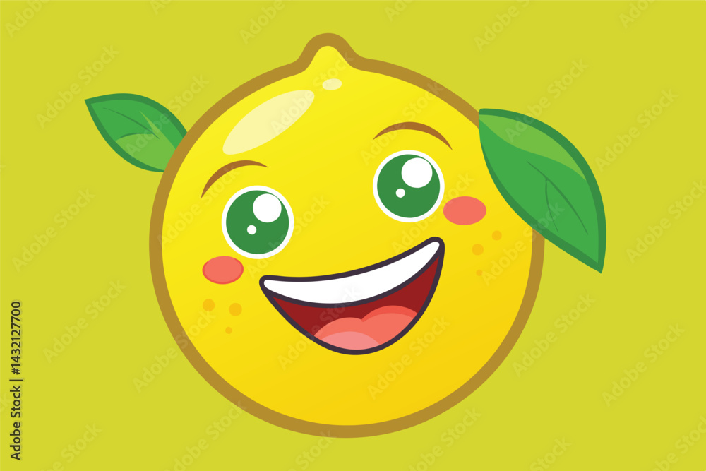 Poster smiling lemon character with green leaf on vibrant background, perfect for cheerful designs and fun 
