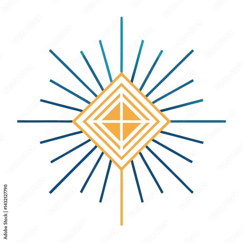 Poster stylized vector illustration of a radiant geometric design featuring a diamond shape surrounded by r