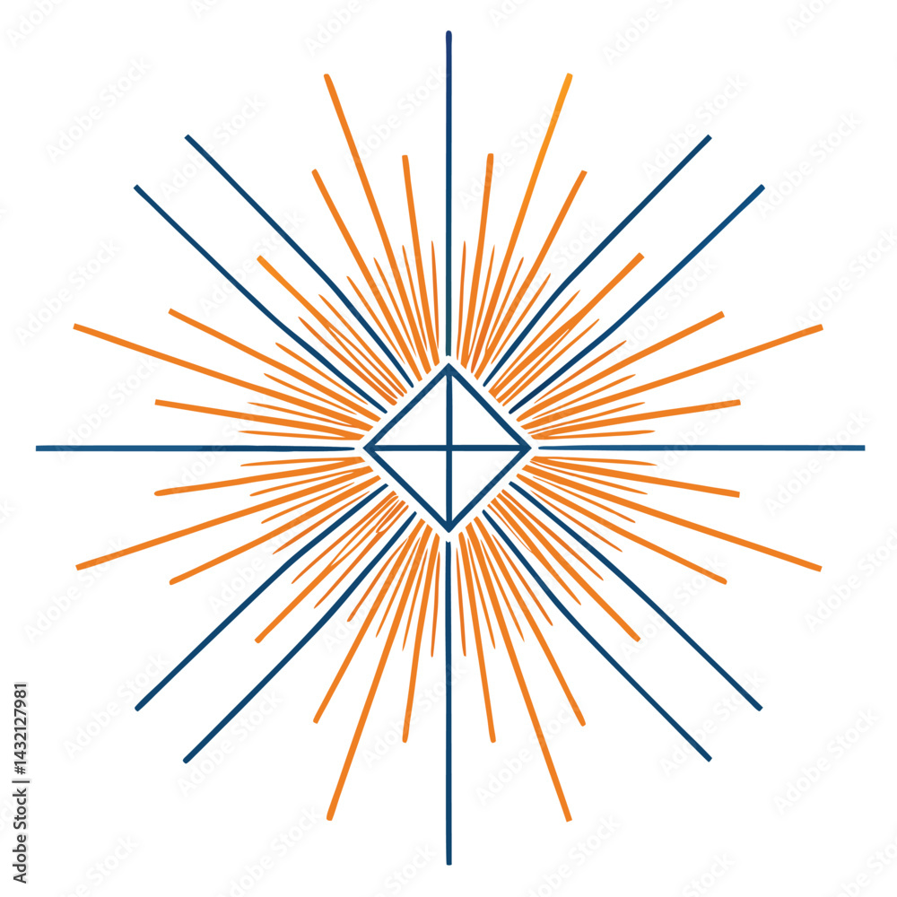 Poster stylized vector illustration of a radiant geometric design featuring a diamond shape surrounded by r