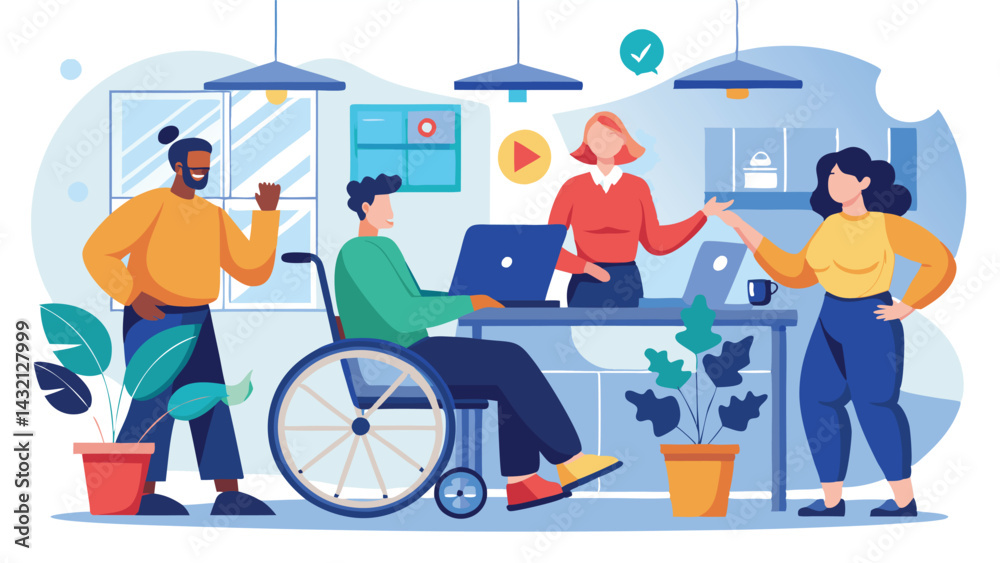 Poster modern workspace illustration featuring diverse team collaborating in an urban environment with plan
