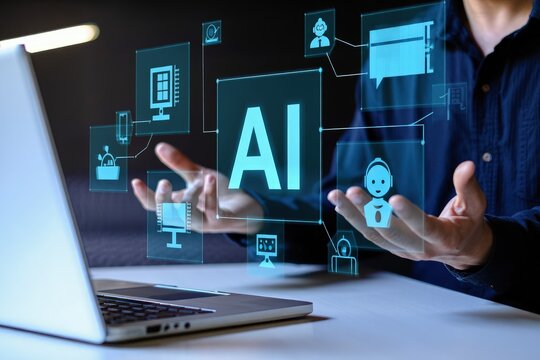 AI Artificial Intelligence technology for data analysis, research, planning, and work generate. Man uses a laptop and AI assistant dashboard. Technology smart robot AI agents and agentic workflows.