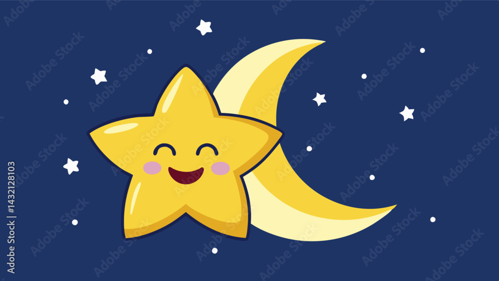 Poster cute vector illustration of happy star and moon with smiling face surrounded by twinkling stars, ide